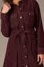 Oxblood Long Buttoned Sleeve Collar Neck Breast Side Pocket Square Yoke Button Front Self Tie Waist Woven Corduroy Dress