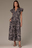 Black Off White Short Structured Shoulder Cap Sleeve Seaming Floral Print Split V-Neck Elastic Waist Peekaboo Back Cut Out Woven Dress
