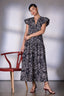 Black Off White Short Structured Shoulder Cap Sleeve Seaming Floral Print Split V-Neck Elastic Waist Peekaboo Back Cut Out Woven Dress