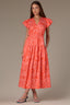 Pink Papaya Punch Short Structured Shoulder Cap Sleeve Seaming Floral Print Split V-Neck Elastic Waist Peekaboo Back Cut Out Woven Dress