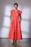Pink Papaya Punch Short Structured Shoulder Cap Sleeve Seaming Floral Print Split V-Neck Elastic Waist Peekaboo Back Cut Out Woven Dress