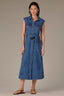 Mid Blue Denim Sleeveless Cuffed Armhole Button Down Waist Tie Collar Double Breast Pocket Seaming Detail Midi Hem Petite Dress 