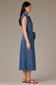 Mid Blue Denim Sleeveless Cuffed Armhole Button Down Waist Tie Collar Double Breast Pocket Seaming Detail Midi Hem Petite Dress 