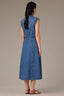Mid Blue Denim Sleeveless Cuffed Armhole Button Down Waist Tie Collar Double Breast Pocket Seaming Detail Midi Hem Petite Dress 