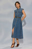 Mid Blue Denim Sleeveless Cuffed Armhole Button Down Waist Tie Collar Double Breast Pocket Seaming Detail Midi Hem Dress 