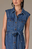 Mid Blue Denim Sleeveless Cuffed Armhole Button Down Waist Tie Collar Double Breast Pocket Seaming Detail Midi Hem Petite Dress 