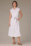 Optic White Denim Sleeveless Cuffed Armhole Button Down Waist Tie Collar Double Breast Pocket Seaming Detail Midi Hem Dress 