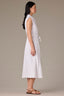 Optic White Denim Sleeveless Cuffed Armhole Button Down Waist Tie Collar Double Breast Pocket Seaming Detail Midi Hem Petite Dress 