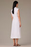 Optic White Denim Sleeveless Cuffed Armhole Button Down Waist Tie Collar Double Breast Pocket Seaming Detail Midi Hem Dress 