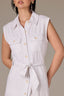 Optic White Denim Sleeveless Cuffed Armhole Button Down Waist Tie Collar Double Breast Pocket Seaming Detail Midi Hem Dress 
