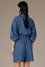 Mid Blue Denim Elbow Barrel Sleeve Collar Neck Button Front Double Breast Pocket Self Tie Waist Romper
