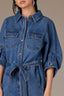 Mid Blue Denim Elbow Barrel Sleeve Collar Neck Button Front Double Breast Pocket Self Tie Waist Romper