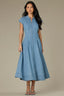 Light Blue Denim Extended Shoulder Cap Sleeve High Neck Zip Front Cinched Waist Midi Pleated Petite Dress