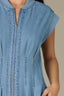 Light Blue Denim Extended Shoulder Cap Sleeve High Neck Zip Front Cinched Waist Midi Pleated Petite Dress