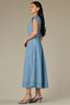 Light Blue Denim Extended Shoulder Cap Sleeve High Neck Zip Front Cinched Waist Midi Pleated Dress