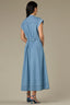 Light Blue Denim Extended Shoulder Cap Sleeve High Neck Zip Front Cinched Waist Midi Pleated Dress