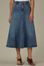 Mid Blue Artisanal Denim Double V-Yoke Seaming A-Line Midi Flare Hem Skirt