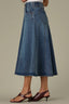 Mid Blue Artisanal Denim Double V-Yoke Seaming A-Line Midi Flare Hem Skirt
