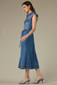 Mid Blue Denim Sleeveless Roll Cuff Collar Neck Front Dart Seaming Button Down Pocket Belted Waist Dress