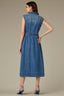 Mid Blue Denim Sleeveless Roll Cuff Collar Neck Front Dart Seaming Button Down Pocket Belted Waist Dress