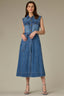 Mid Blue Denim Sleeveless Roll Cuff Collar Neck Front Dart Seaming Button Down Pocket Belted Waist Dress