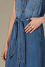 Mid Blue Denim Sleeveless Roll Cuff Collar Neck Front Dart Seaming Button Down Pocket Belted Waist Dress