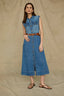 Mid Blue Denim Sleeveless Roll Cuff Collar Neck Front Dart Seaming Button Down Pocket Belted Waist Dress