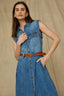 Mid Blue Denim Sleeveless Roll Cuff Collar Neck Front Dart Seaming Button Down Pocket Belted Waist Dress