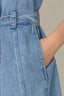 Light Blue Sleeveless Roll Cuff Collar Neck Button Down Front Side Entry Pocket Seaming Self Tie Belt Waist Mini Hem Woven Denim Dress