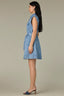 Light Blue Sleeveless Roll Cuff Collar Neck Button Down Front Side Entry Pocket Seaming Self Tie Belt Waist Mini Hem Woven Denim Dress