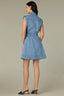Light Blue Sleeveless Roll Cuff Collar Neck Button Down Front Side Entry Pocket Seaming Self Tie Belt Waist Mini Hem Woven Denim Dress