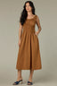 Butter Toffee Sleeveless Elastic Cased Bands Scoop Neck Smocked Waist Two Pockets Contrast Embroidered Side Midi Slit Hem Woven Dress