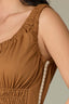 Butter Toffee Sleeveless Elastic Cased Bands Scoop Neck Smocked Waist Two Pockets Contrast Embroidered Side Midi Slit Hem Woven Dress