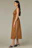 Butter Toffee Sleeveless Elastic Cased Bands Scoop Neck Smocked Waist Two Pockets Contrast Embroidered Side Midi Slit Hem Woven Dress