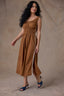 Butter Toffee Sleeveless Elastic Cased Bands Scoop Neck Smocked Waist Two Pockets Contrast Embroidered Side Midi Slit Hem Woven Dress