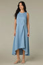 Light Blue Sleeveless Scoop Neck Pleating Detail Keyhole Back Zip Closure Asymmetrical Hem Woven Denim Dress