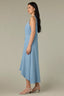 Light Blue Sleeveless Scoop Neck Pleating Detail Keyhole Back Zip Closure Asymmetrical Hem Woven Denim Dress