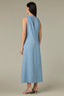 Light Blue Sleeveless Scoop Neck Pleating Detail Keyhole Back Zip Closure Asymmetrical Hem Woven Denim Dress