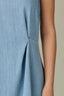 Light Blue Sleeveless Scoop Neck Pleating Detail Keyhole Back Zip Closure Asymmetrical Hem Woven Denim Dress