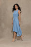 Light Blue Sleeveless Scoop Neck Pleating Detail Keyhole Back Zip Closure Asymmetrical Hem Woven Denim Dress