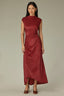 Ancient Clay Sleeveless Mock Neck Back Zipper Ruched Side Pleated Hi-Low Hem Petite Woven Velvet Maxi Dress
