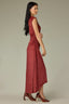 Ancient Clay Sleeveless Mock Neck Back Zipper Ruched Side Pleated Hi-Low Hem Woven Velvet Maxi Dress