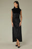 Black Sleeveless Mock Neck Back Zipper Ruched Side Pleated Hi-Low Hem Woven Velvet Maxi Dress