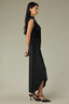 Black Sleeveless Mock Neck Back Zipper Ruched Side Pleated Hi-Low Hem Petite Woven Velvet Maxi Dress