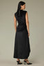Black Sleeveless Mock Neck Back Zipper Ruched Side Pleated Hi-Low Hem Woven Velvet Maxi Dress