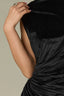 Black Sleeveless Mock Neck Back Zipper Ruched Side Pleated Hi-Low Hem Woven Velvet Maxi Dress