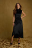 Black Sleeveless Mock Neck Back Zipper Ruched Side Pleated Hi-Low Hem Woven Velvet Maxi Dress