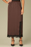 Brown Elastic Banded Pull-On Waist Lace Slit Hem Woven Maxi Skirt