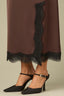 Brown Elastic Banded Pull-On Waist Lace Slit Hem Woven Maxi Skirt