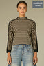 Black Ecru Stripes Long Seamless Banded Sleeve Mock Neck Color Blocked Striped Rounded Hem Plus Size Knit Top